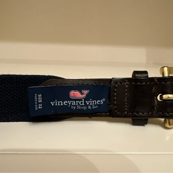 Vineyard Vines Men’s Belt S 32 Boat Blue Canvas Print Brown Leather Brass Buckle - Picture 3 of 10
